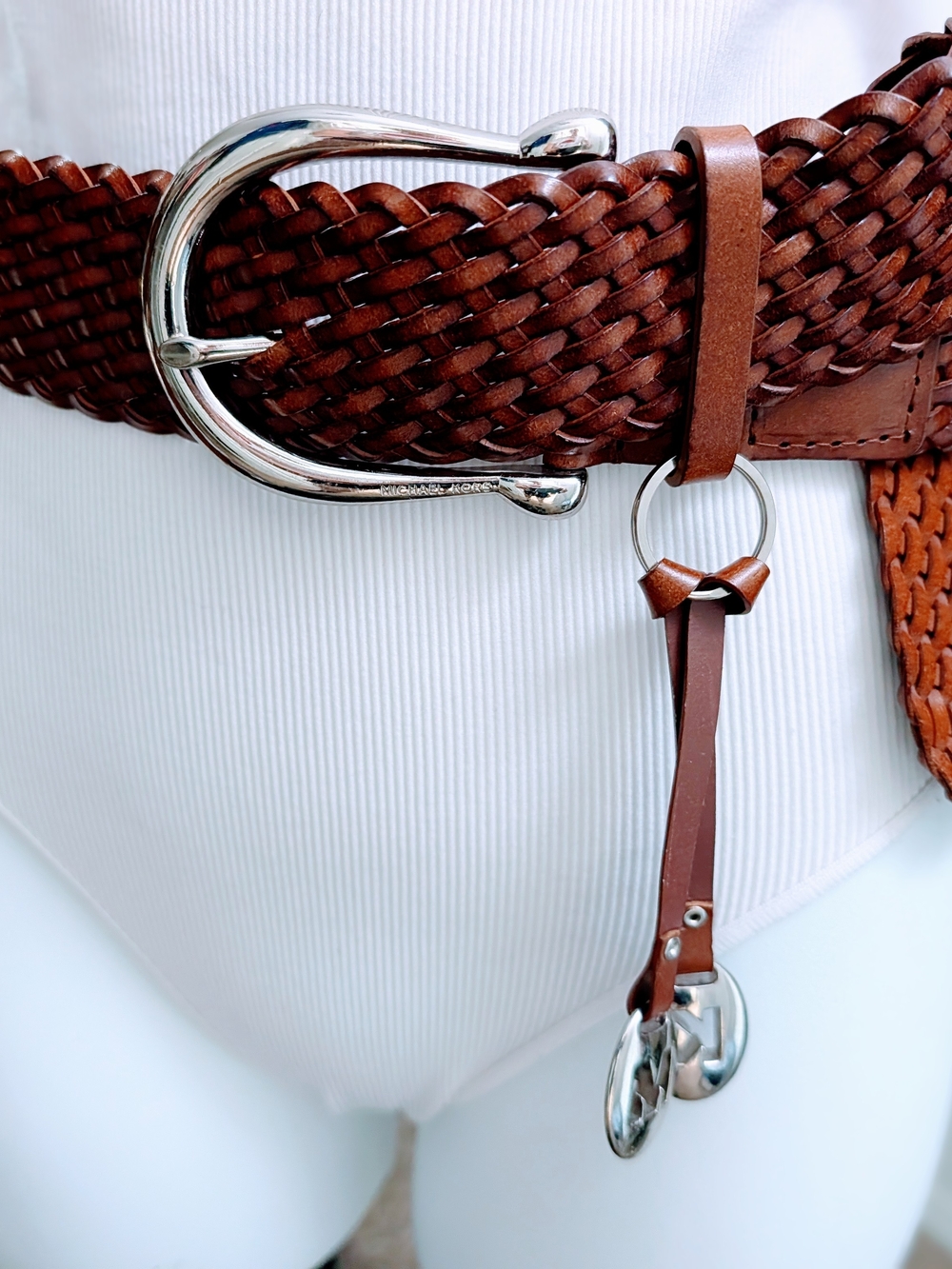 Michael Kors Woven Brown Leather Belt with Silver Buckle